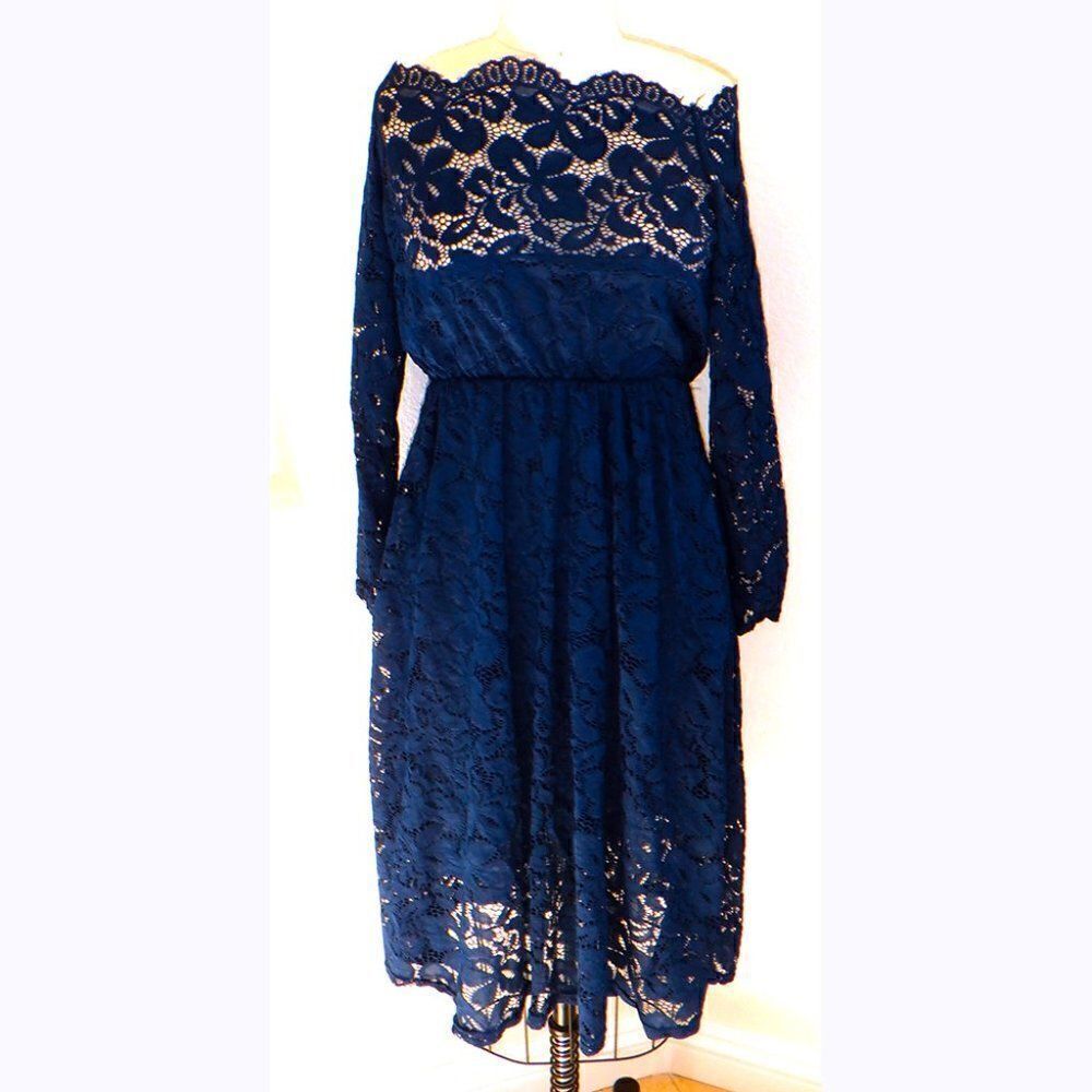 Blue lace off-shoulder L/S dress